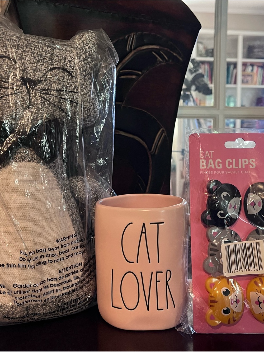 Cat Lovers • Kohls doorstopper, Rae Dunn Mug & Kikkerland bag clips